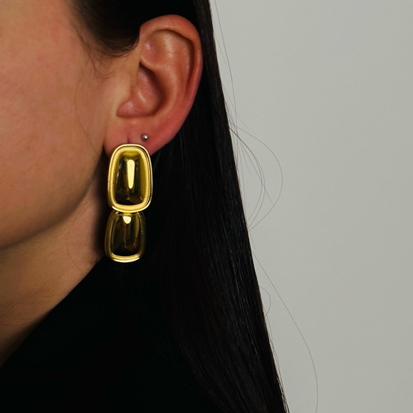 New Smooth Glossy Geometric Rectangle Pendant Earrings Gold Statement - Picture 3 of 9